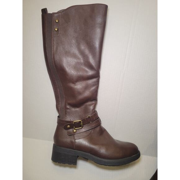 Women Size 9.5 Riding Combat Boots Low Heel Round Toe Zip Up Mid Calf Buckle - Picture 3 of 8